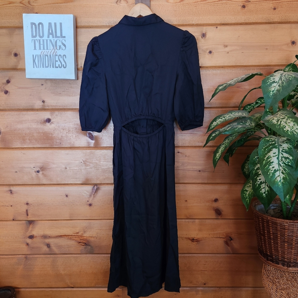 The Drop NWT Ellen Black Midi Puff Sleeve Shirt Dress Open Back Pockets Size XXS - Picture 9 of 10